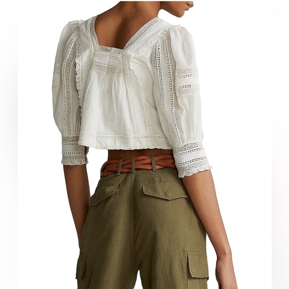 Polo Ralph Lauren Blouse Womens Cream White Lace Cotton Voile Bohemian Cropped - Picture 2 of 14